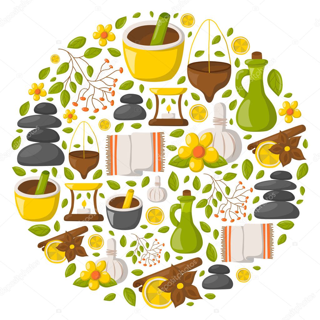 Vector illustration with cartoon ayurveda background. Wellness therapy, health and body care, spa alternative medicine. Vector cartoon ayurveda background. Relaxation, ayurvedic medicine vector