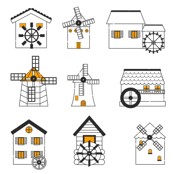 Conjunto vectorial de molinos de viento e iconos de molinos de agua aislados sobre fondo — Archivo Imágenes Vectoriales