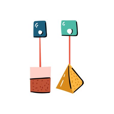 Teabag şirin emoji ayarlayın. Çay yanakları ve gözleri. Renkli güzel doodle karakter çay poşeti ile sevimli çizgi düz tasarım üzerinde mavi arka plan yüz. Vektör çizim.