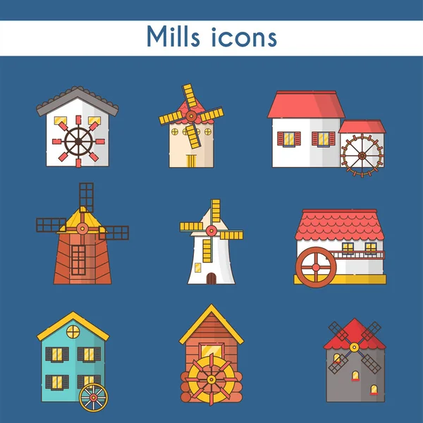 Ensemble vectoriel d'icônes moulins à vent et moulins à eau isolés sur fond — Image vectorielle