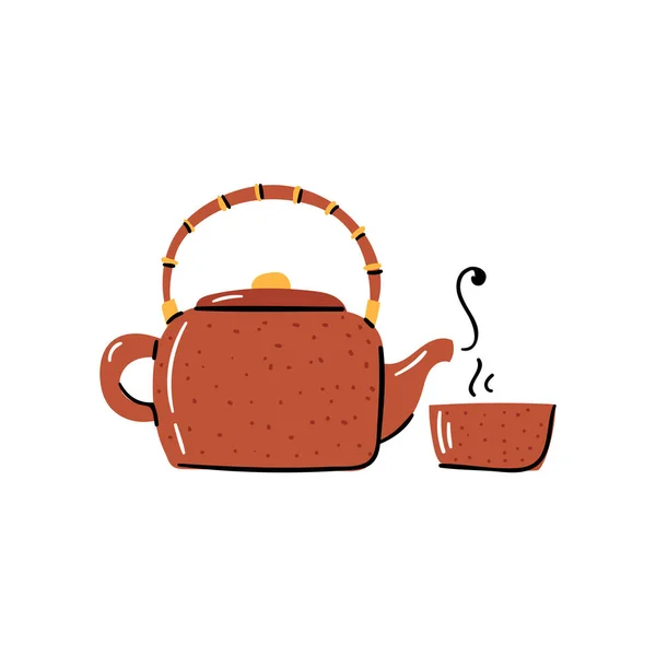 Vektor Cartoon japanische Teekanne aus Ton mit Tasse — Stockvektor