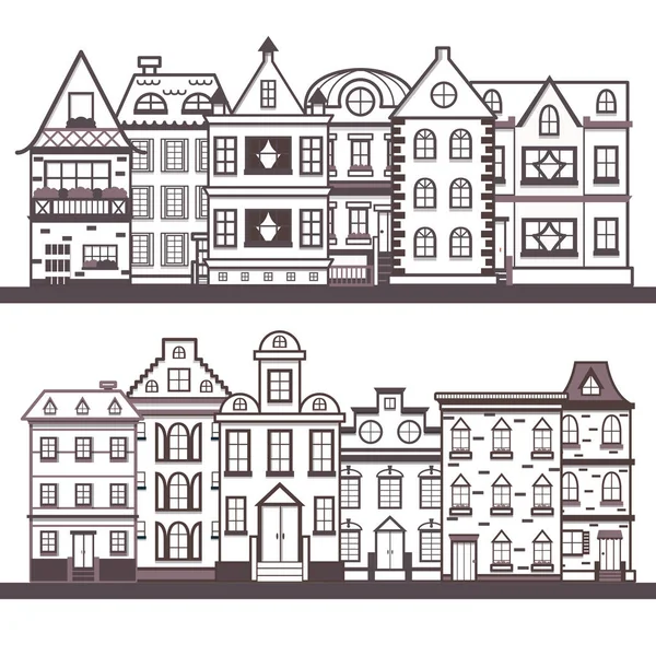 Vetor desenho animado linha plana casas de cidade fundo — Vetor de Stock