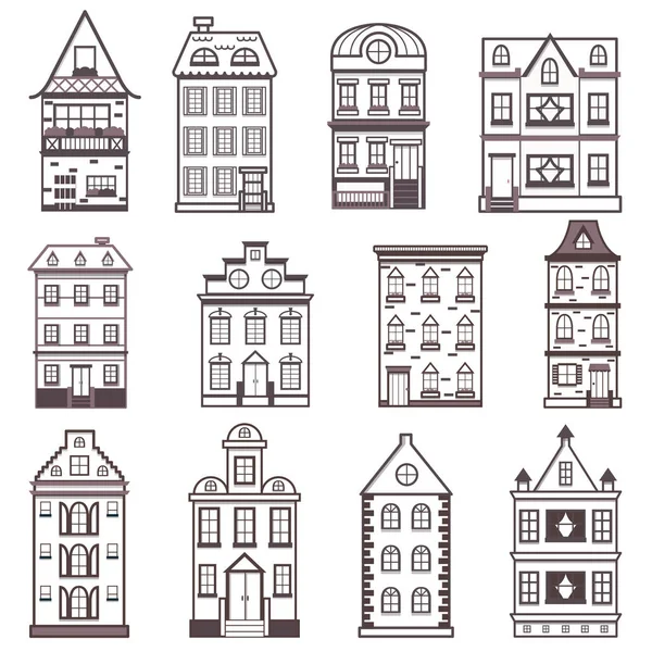 Vetor desenho animado linha plana casas de cidade fundo — Vetor de Stock