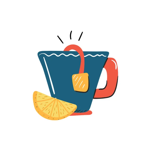 Illustrazione vettoriale con cartone animato tazza di tè alla moda e fetta di limone — Vettoriale Stock