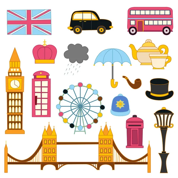 Vector London flat cartoon icons isolated on background — Stock Vector