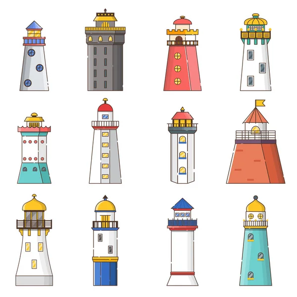 Vector cartoon flat set of lighthouses isolated on background — Stock Vector