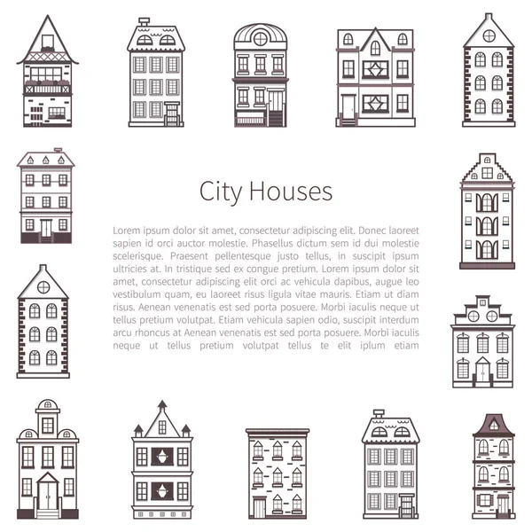 Vector cartoon flat line city houses background — Stock Vector