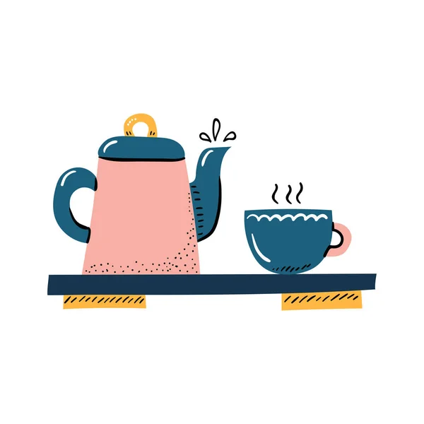 Vektor Cartoon Porzellan Teekanne mit Tasse — Stockvektor