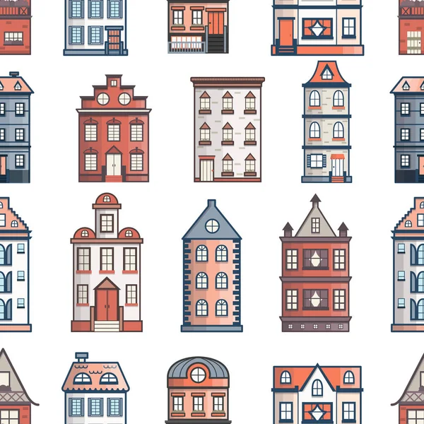 Vecteur dessin animé plat ligne ville maisons sans couture fond — Image vectorielle