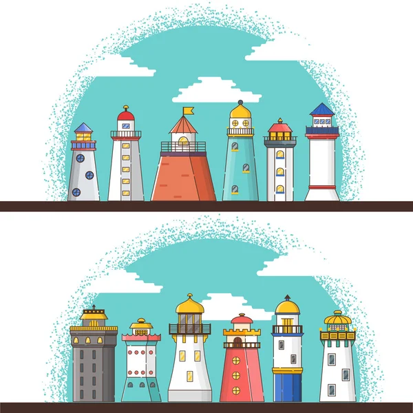 Ligne de dessin animé vectoriel moderne phares plats fond — Image vectorielle