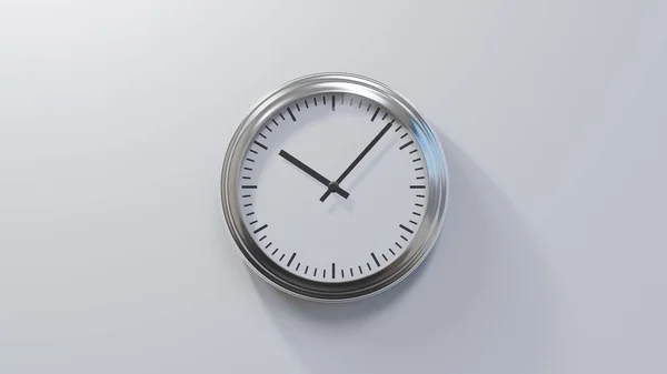 Glossy Chrome Clock White Wall Seven Ten Time — Stock Photo, Image