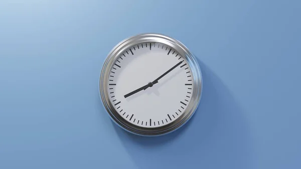 Глянцевые Хромированные Часы Голубой Стене Девять Минут Девятого Время — стоковое фото