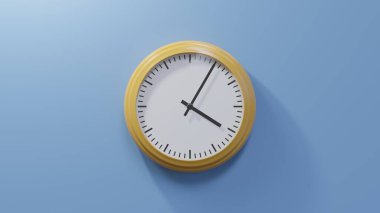 Saat dördü beş geçe mavi bir duvarda parlak turuncu bir saat. Saat 04: 05 ya da 16: 05.
