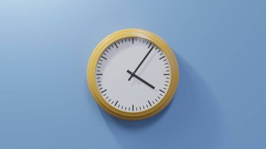Saat dördü altı geçe mavi duvardaki parlak turuncu saat. Saat 04: 06 ya da 16: 06.