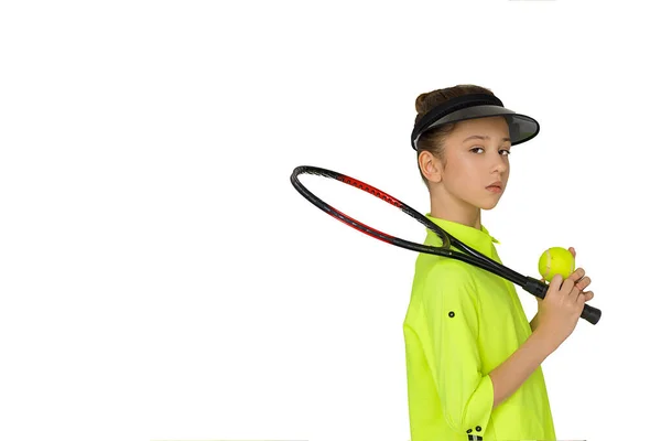 Gyönyörű Divatos Tizenéves Lány Fényes Sportruházat Tartozékokkal Tenisz Ütő Kezében — Stock Fotó