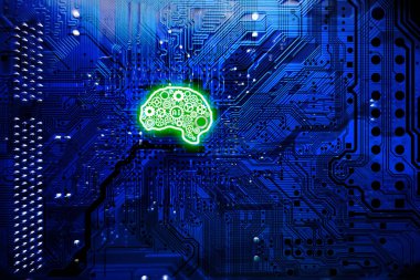 Yapay zeka teknoloji kavramı insan beyni şekil vites, bilgisayar anakart arka plan olarak neural ağ ile