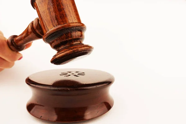 Justice Concept Symbol Wooden Judge Gavel Woman Hand Isolated White — Stock Photo, Image