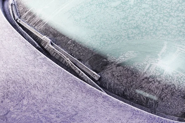 Widok Góry Przedniej Szyby Samochodu Zamrożone Sezon Zimowy — Zdjęcie stockowe