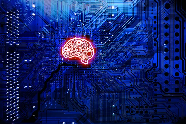 Artificial intelligence technology concept with neural network from gears in human brain shape, computer mainboard as background