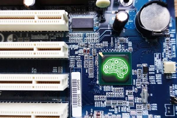 Bilgisayar Anakart Yeşil Beyin Şekli Ile Yapay Zeka Kavramı — Stok fotoğraf