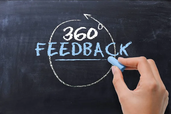 Begreppet 360 Grader Feedback Handskrivna Svarta Tavlan Affärskvinna Hand — Stockfoto