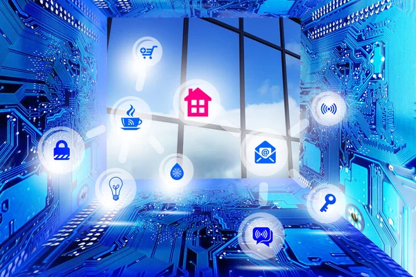 特定のアイコンとコンピューターのマザーボードから抽象的な青い背景のスマート ホーム コンセプト — ストック写真