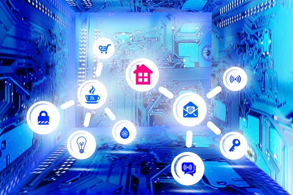 Smart Home Concept Specific Icons Abstract Blue Background Computer Mother — Stock Photo, Image