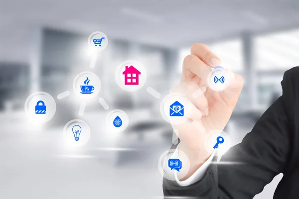 Iot Internet Things Concept Many Icons Controlled Woman Hand Indoor — Stock Photo, Image