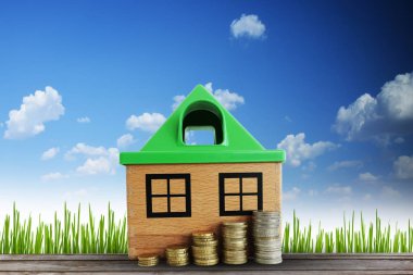 Özellik değeri büyüme kavramı ahşap ev ve para doğal arka plan ölçek