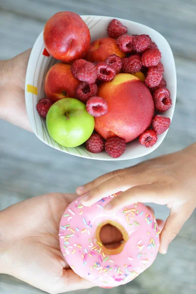Little Girl Taking Sweet Attractive Donut Bowl Fresh Healthy Fruits — Stock Photo, Image