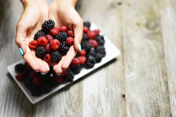 Mano Mujer Sosteniendo Frambuesas Rojas Maduras Moras Frutas Frescas Para — Foto de Stock