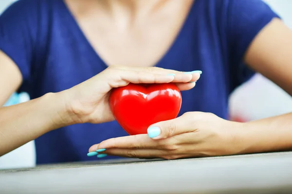 Heart Health Concept Womans Hands Protecting Shiny Red Heart — Stock Photo, Image