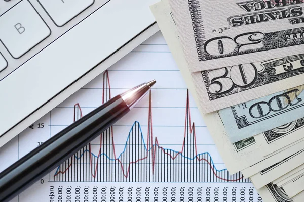 Graph Money Pen Suggesting Financial Evolution — Stock Photo, Image