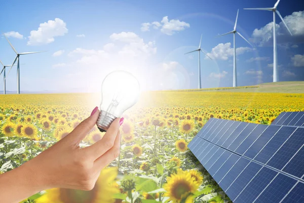 Energia Verde Futuro Con Donna Che Tiene Lampadina Sullo Sfondo — Foto Stock