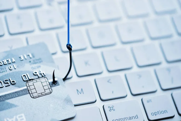 Hacking Phishing Atakować Internet Koncepcja Karty Kredytowej Haczyk Ryby Klawiaturze — Zdjęcie stockowe