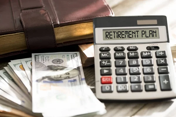 Retirement Plan Concept Stack Money Personal Agenda Office Calculating Machine — Stock Photo, Image