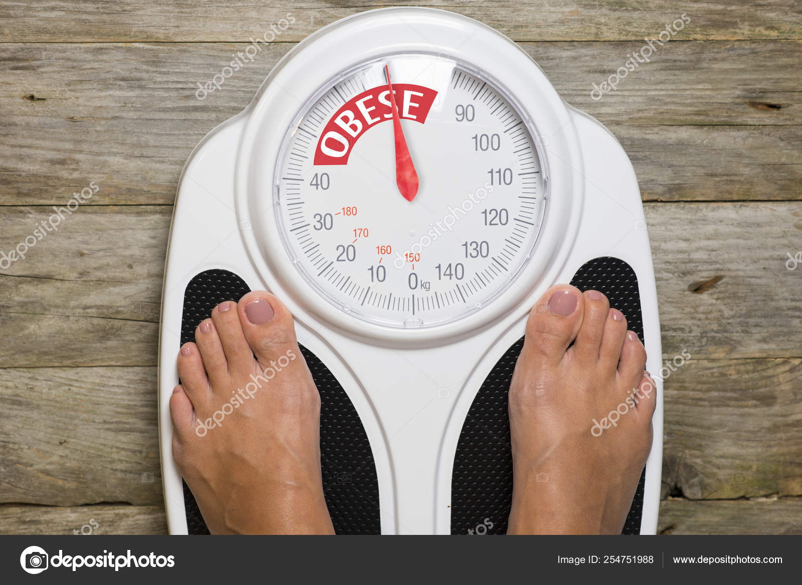 Obese Woman Standing Analog Bathroom Scale View Stock Photo by