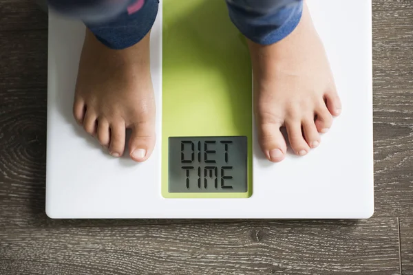 Diet Time Message Vikt Skala Övervikt Barn Concept — Stockfoto