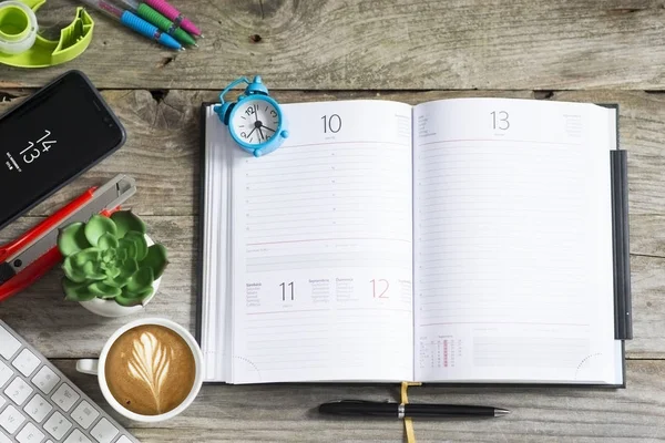 Empty Notebook Copy Space Wooden Desk Surrounded Office Accessories — Stock Photo, Image