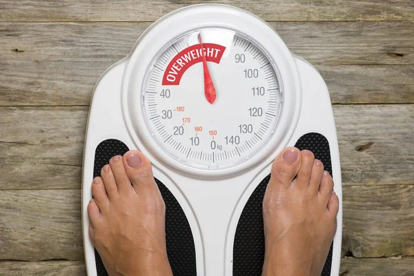 Young Woman Standing Classic Analogue Weight Scale Indicating Overweight — Stockfoto