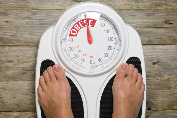 Obese Woman Standing Analog Bathroom Scale View — Stock Photo, Image
