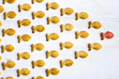 Liderlik ya da beyaz ahşap arka plan üzerinde balık şeklinde küçük çerezleri ile lider kavramı izleyin