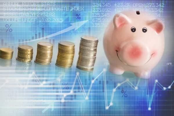 Financial Abstract Blue Background Graphs Charts Money Ladder Piggy Bank — Stock Photo, Image