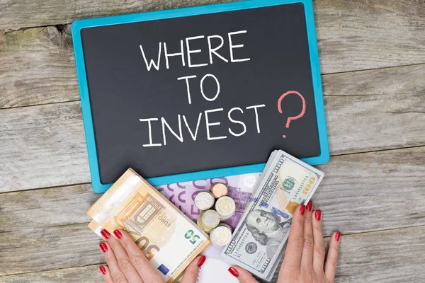 Invest Question Chalkboard Investors Hand Pushing Piles Cash Money — 스톡 사진