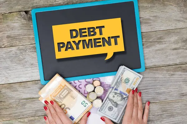 Debt Payment Concept Written Yellow Sign Blackboard Cash Money Loans — Stock Photo, Image