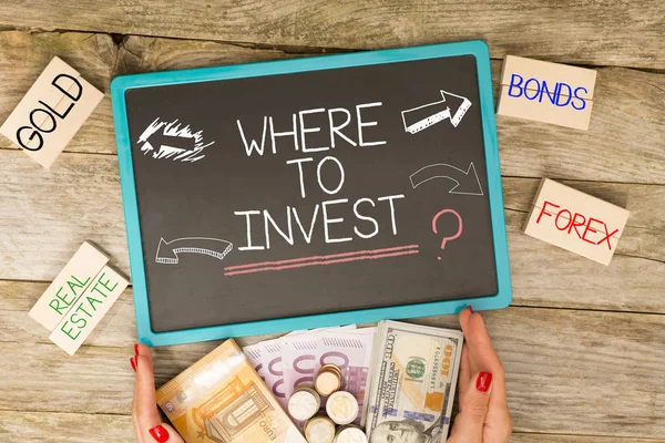 Invest Question Chalkboard Investors Hand Pushing Piles Cash Money — 스톡 사진