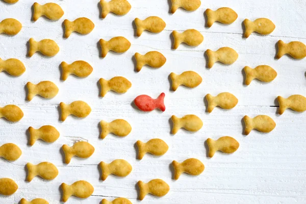 Плавать Против Текущей Концепции Маленькими Печенье Рыбой Формы Белом Деревянном — стоковое фото