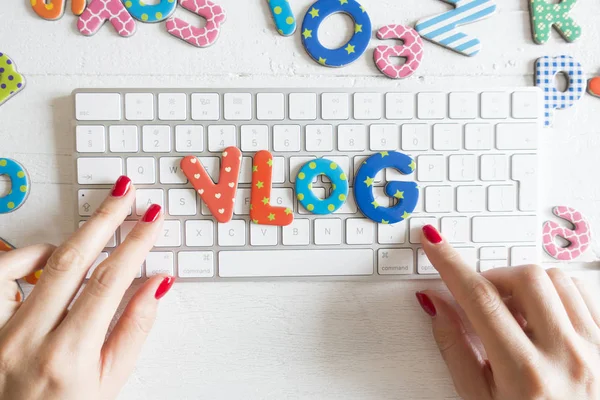 Vlog Video Blog Concept Vlog Word Funny Letters White Computer — Stock Photo, Image