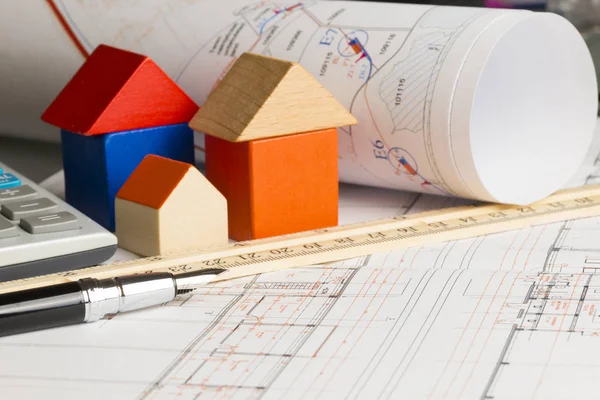 Nieuw Huis Plan Project Met Liniaal Pen Miniatuur Huis Uit — Stockfoto