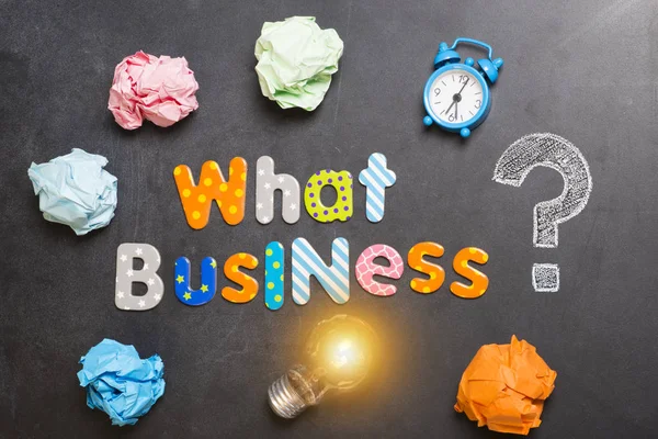 What Business Start Question Blackboard Colourful Letters Crumpled Paper Light — Stock Photo, Image